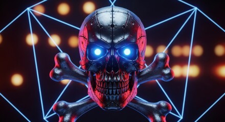 Cyber Skull and Crossbones: Metallic Robot Skull with Blue Glowing Eyes and Crossbones Against a Futuristic Network Background for Hacking and Digital Danger