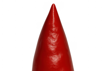 Red simple cone standing upright, a glossy geometric three-dimensional shape with a textured surface on transparent background
