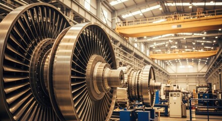 Industrial Turbine Manufacturing: Close-up of Large Metal Turbine Rotors and Blades in a Factory or Power Plant for Engineering and Heavy Industry