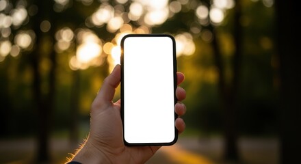 Mobile Phone Blank Screen: Hand Holding Smartphone with Empty White Screen Against a Blurred Golden Sunset Background for Copy Space and Technology Mockup