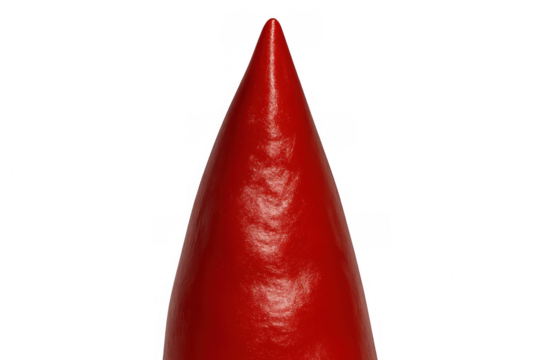 Red simple cone standing upright, a glossy geometric three-dimensional shape with a textured surface on transparent background