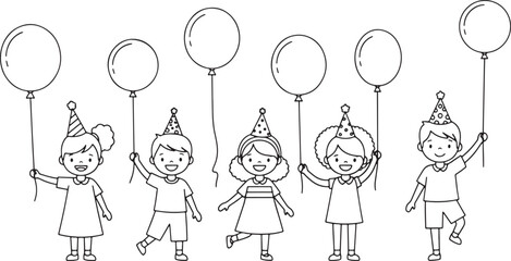Children in party hats holding balloons celebrating a birthday