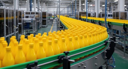 Automated Bottling Production: Long Conveyor Belt Lined with Rows of Identical Yellow Liquid Bottles in a Clean Industrial Food Factory for Manufacturing and Efficiency