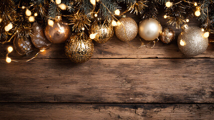Top view of Christmas decorations with baubles tinsel and festive lights arranged on rustic wooden background for holiday celebration concept
