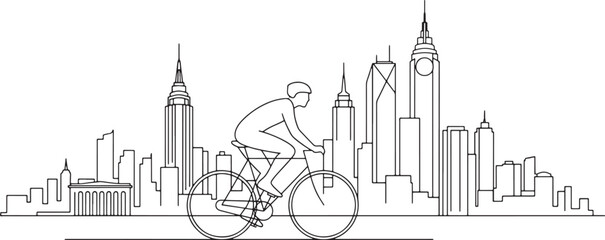 Cyclist rides through a stylized new york city skyline sketch