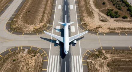 Aerial View of Airport Runway: White Passenger Airplane Centered on a Striped Runway Intersection Surrounded by Dry Grass and Taxiways for Travel and Aviation Logistics