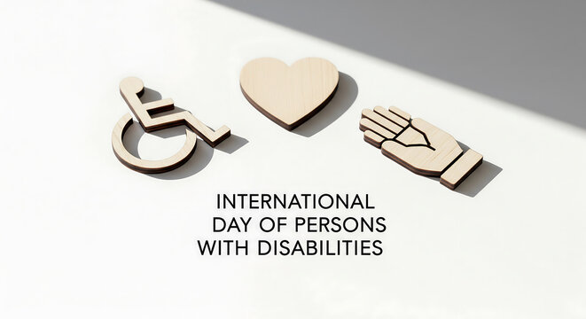 Conceptual image with wheelchair, heart, and hand symbols promoting support and inclusion for disability awareness day