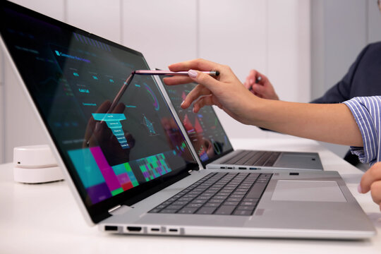 Business Analysts Review Data On Computer Dashboard - Powered by Adobe