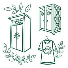 Green line art eco friendly wardrobe and t shirt icons