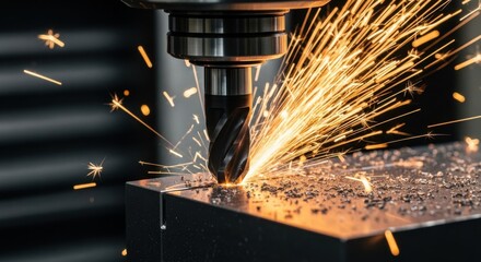 Industrial Machining Sparks: Close-up of a Milling Machine Drill Bit Cutting Metal with Bright Orange Sparks and Debris for Engineering and Heavy Industry