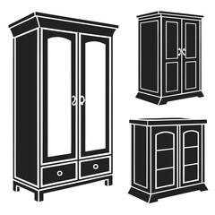 Three black wardrobe and cabinet icons closet furniture