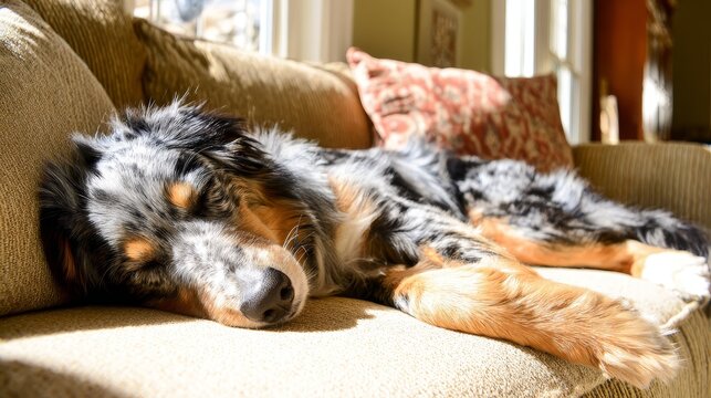 Australian shepherd dog sleeping cozy on a soft couch on a sunny day, showing relaxed pet behavior, comfort, warmth, calm indoor atmosphere, peaceful rest, companionship, and gentle domestic lifestyle