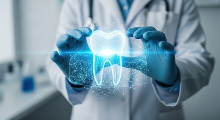 Digital Dentistry Technology: Doctor's Hands in Blue Gloves Holding a Glowing Holographic Tooth Icon for Oral Health and Advanced Medical Care