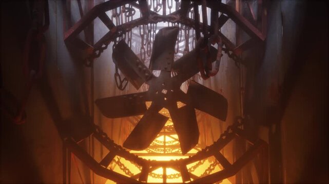 Close up of a rusty industrial fan with chains metal