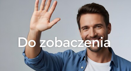 A smiling man with dark hair and a beard, wearing a blue shirt, waving his hand in a friendly gesture against a plain gray background