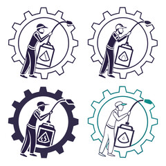 Four stylized icons of workers with gears and oil cans