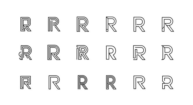 Set of 16 unique letter R monograms and logos, presented as clean line art on a white background. This collection features diverse R designs, from minimalist to intricate, perfect for branding and