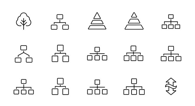 Collection of simple linear hierarchy and organizational chart icons, including a tree diagram, pyramid structures, and various flowchart arrangements, presented in a clean outline style suitable for - Powered by Adobe