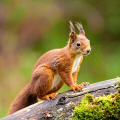 Obraz premium A close-up shot of a reddish-brown squirrel perched on a moss-covered log in a verdant, out-of-focus forest