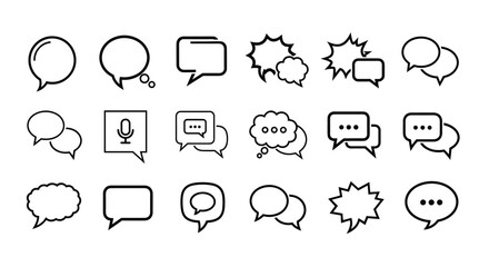 Collection of diverse speech bubble and dialogue icons, perfect for UI design, placards, books, and apps. Features editable stroke for web, cards, and digital applications, representing communication