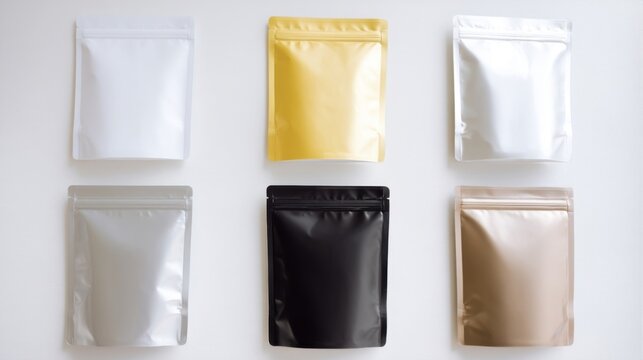 Six metallic zippered bags arranged neatly in two rows on white background, featuring silver, gold,