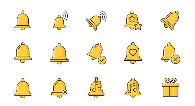Collection of yellow bell icons with various symbols and states, including sound waves, checkmarks, hearts, stars, musical notes, and a gift box, presented in a minimalistic linear pictogram style