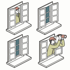 Four isometric windows with people looking out vector