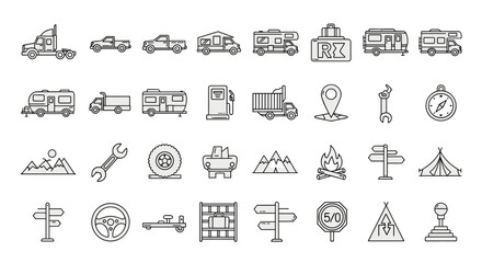 Collection of motorhome and truck related line icons, featuring RVs, campers, semi-trucks, pickup trucks, and essential travel symbols like compasses, wrenches, campfires, and tents, perfect for