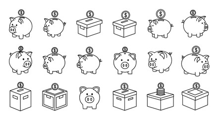 Collection of outline icons representing piggy banks and money boxes with dollar coins, perfect for infographics, articles, books, flyers, and banners, offering a clean and editable stroke vector