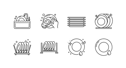 Set of eight thin line icons representing various aspects of dishwashing and clean plates, including a sink with running water, a hand washing a plate with a sponge, a stack of clean plates, plates