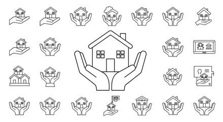 Collection of outline icons representing houses held in open hands, symbolizing protection, security, and real estate services. Includes variations like houses with clouds, on a tablet, and with a