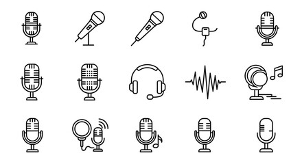 Set of Microphone Related Line Icons: A Comprehensive Collection of Outline Signs for Graphic and Web Design, Apps, Advertisements, and Various Cards, Featuring a Vector Cartoon Illustration with a