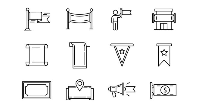 Set of street banner and flag-related line icons, including a waving flag, a banner on a stand, a person holding a flag, a building with a banner, a scroll, a rolled-up banner, a pennant with a star