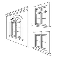 Three black outline window icons on white background