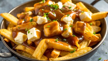 A close-up shot of a savory dish of french fries smothered in gravy and cheese curds, served in a metal bowl