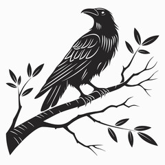 Black silhouette of a raven perched on a branch with leaves