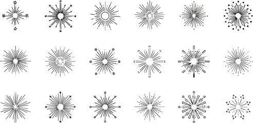 Dynamic collection of abstract line art starbursts of Fireworks, radial bursts, and explosive patterns, evoking celebratory fireworks for enhancing graphic designs