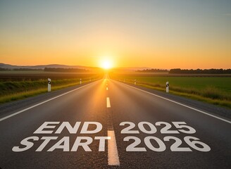 The road ahead shows the end of 2025 and the start of 2026 at sunrise. Generative With Ai