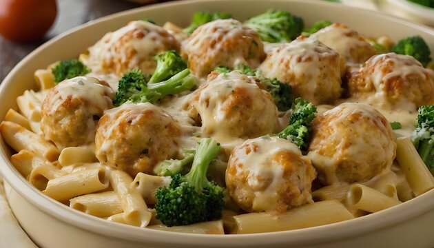 baked chicken meatball alfredo ziti pasta with broccoli