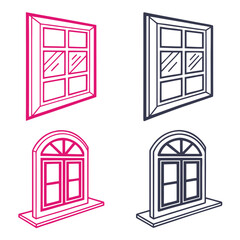 Four isometric window icons pink and dark blue outlines