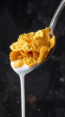A close-up shot of a spoon full of crispy, golden cereal submerged in white liquid, dripping against a dark, textured background