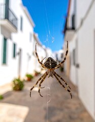 A close-up shot of a spider on its web, with a blurred street of white buildings and blue sky background