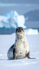 A close-up shot of a spotted seal sitting upright on a snow-covered surface with a blurred iceberg and sky backdrop