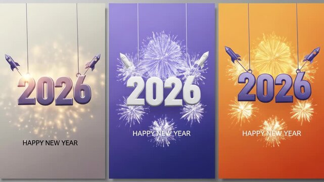 Happy New Year 2026 Celebration with Rockets and Fireworks.