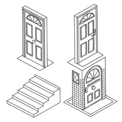 Four isometric doors and stairs line art entrance exit