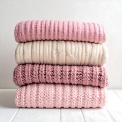 A close-up shot of a stack of folded knitted sweaters in varying shades of pink and cream against a white backdrop