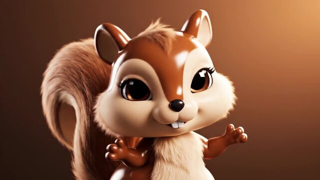 Charming cartoon squirrel with fluffy tail and big expressive eyes, rendered in a 3D style with warm lighting and a soft brown background, perfect for playful designs