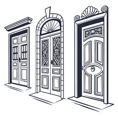 Three ornate vintage style doors with paneling frame