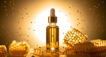 Naklejka premium Golden Honey Serum Dropper Bottle with Honeycomb and Radiant Glow