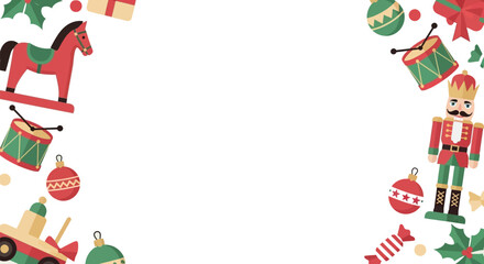 Festive Christmas frame  copy space background with nutcracker soldier, rocking horse, and traditional holiday toys